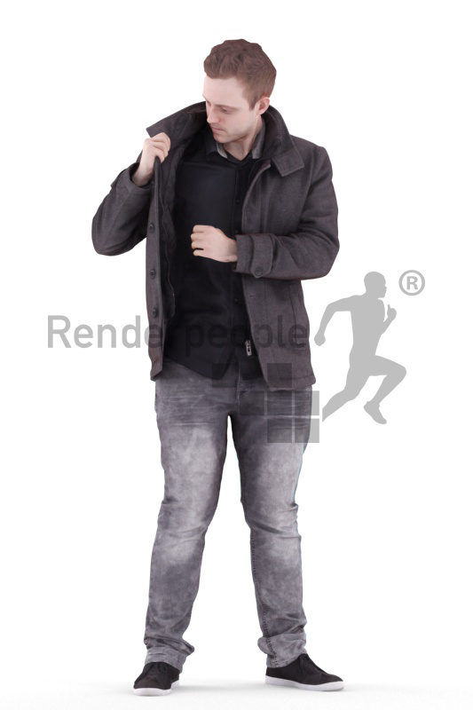 Posed 3D People model for visualization – european man, outdoor, wearing a jacket