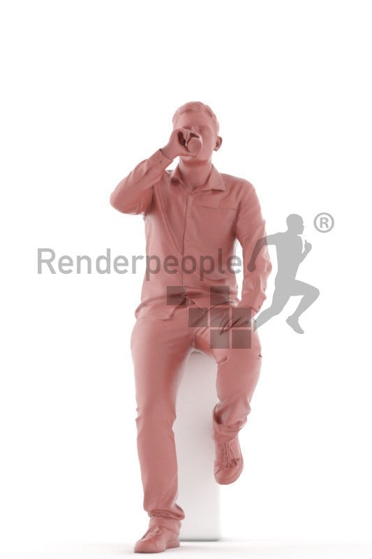 3d people event, white 3d man sitting drinking