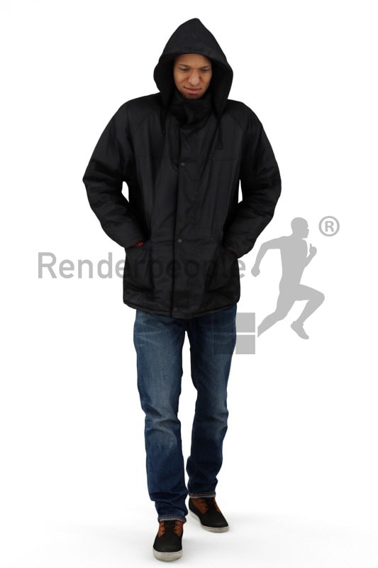 3d people outdoor, black 3d man wearing a winter jacket