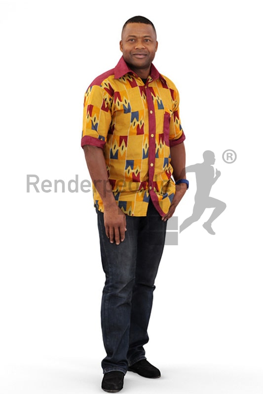 3d people casual, black 3d man with yellow shirt walking