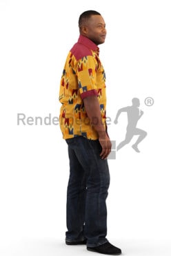 3d people casual, black 3d man with yellow shirt walking