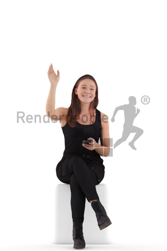 3D People model for 3ds Max and Blender – european woman sitting in daily clothes all black and greeting