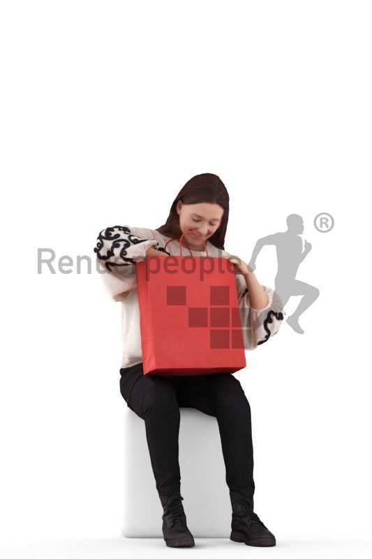 3D People model for 3ds Max and Sketch Up – casual dressed european woman, sitting and looking into her shopping bags