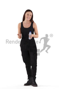 Scanned human 3D model by Renderpeople – white woman, standing and communicating, with bottle