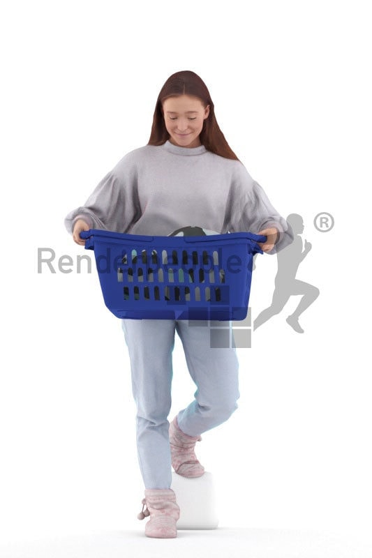 Scanned human 3D model by Renderpeople – european woman in homewear, walking with a laundry basket