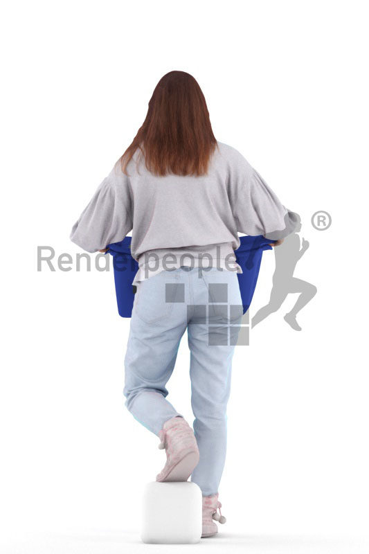 Scanned human 3D model by Renderpeople – european woman in homewear, walking with a laundry basket