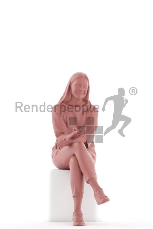 Posed 3D People model for visualization – white woman, sitting and communicating, healthcare