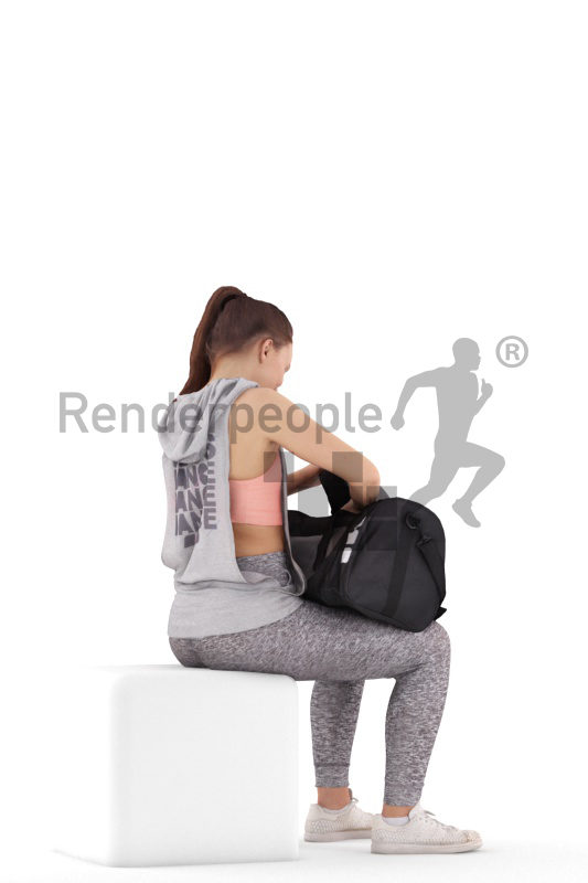 Posed 3D People model for visualization – european woman, searching for something in a sports bag, sports