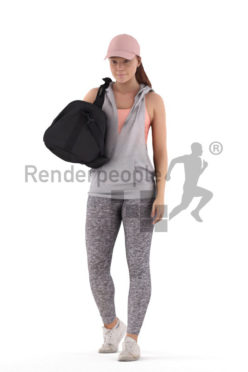 Posed 3D People model for visualization – european woman in sports outfit, with bag and cap, walking