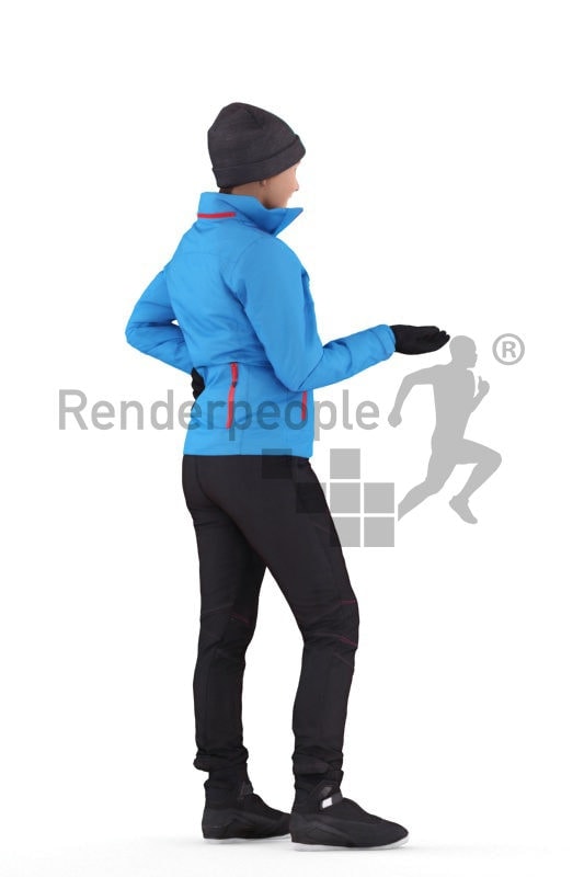 Scanned human 3D model by Renderpeople, interacting woman, skiing clothes