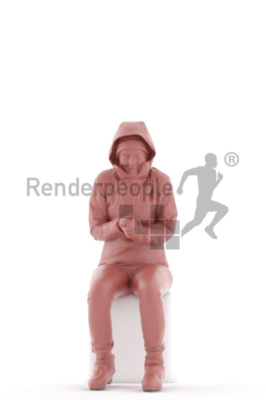 Scanned human 3D model by Renderpeople, sitting woman, skiing clothes