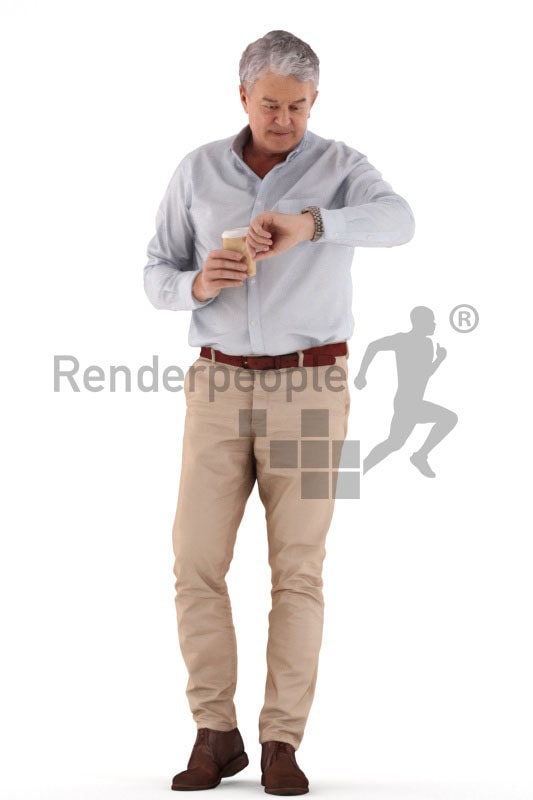 3d people casual business, best ager man standing and looking on watch and holding a cup