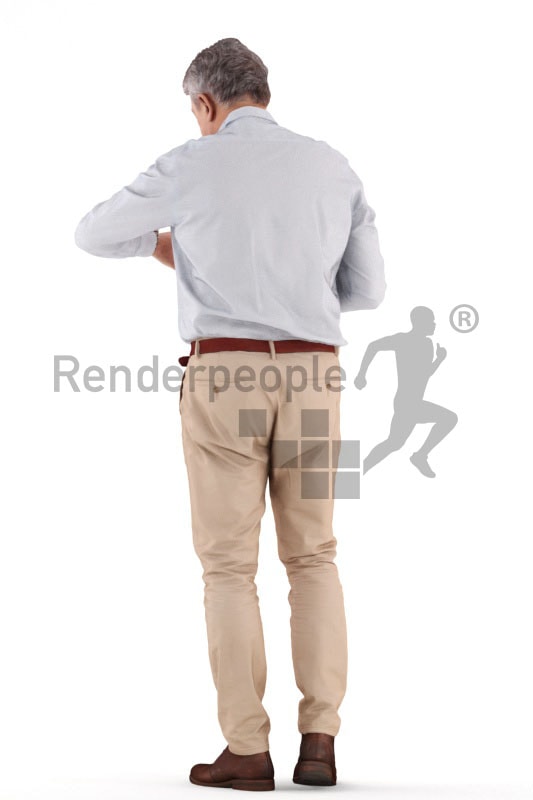 3d people casual business, best ager man standing and looking on watch and holding a cup