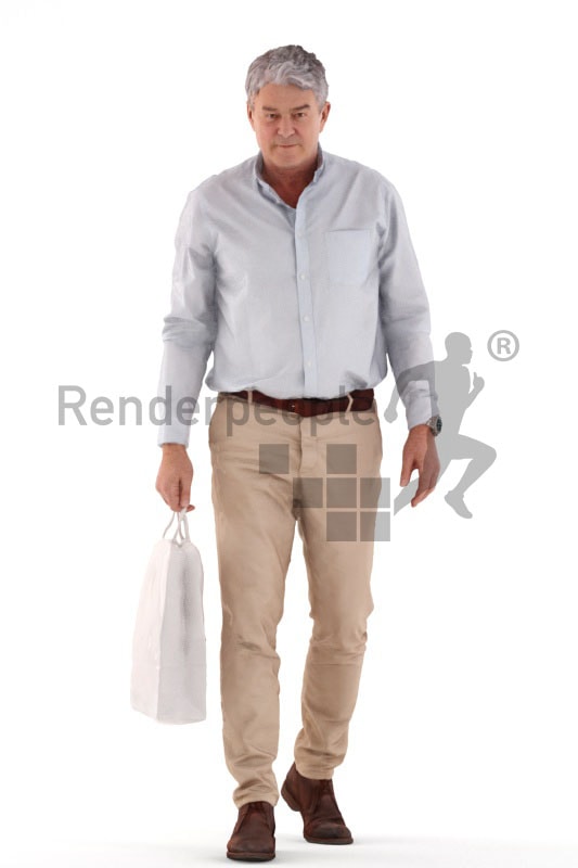 3d people casual business, best ager man walking and holding a bag