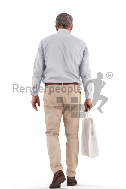 3d people casual business, best ager man walking and holding a bag