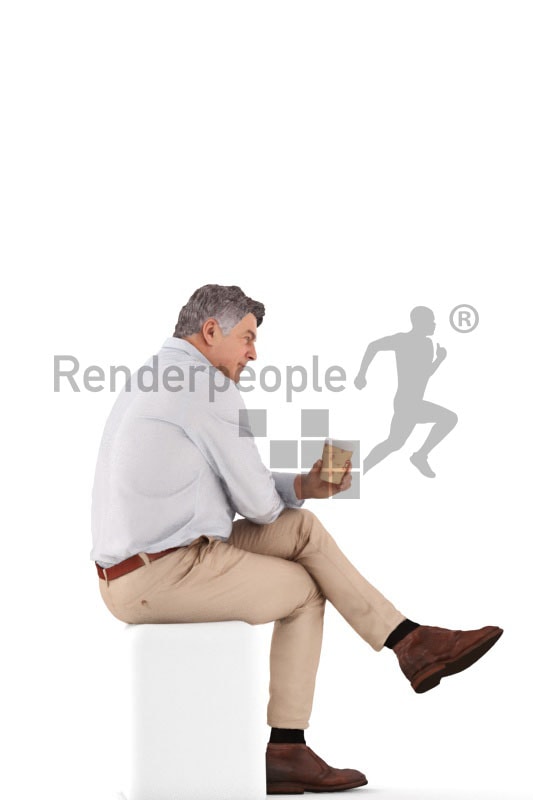 3d people casual business, best ager man sitting and holding a cup