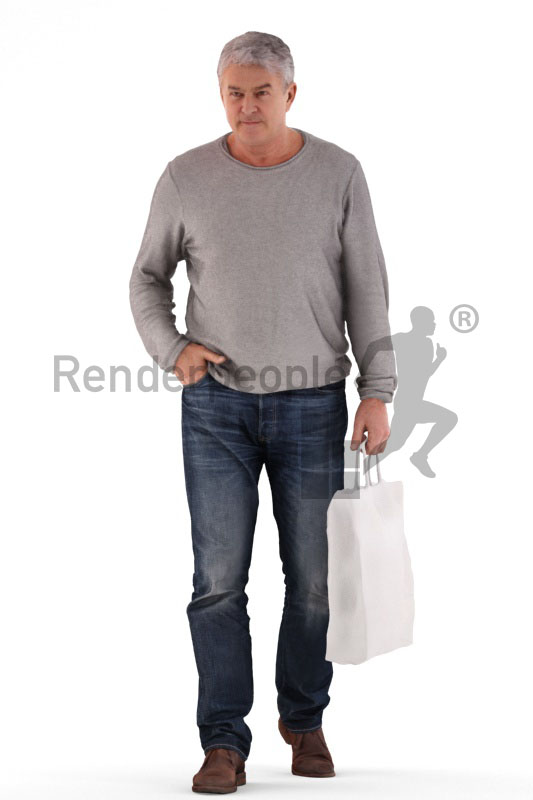 3d people casual, best ager man walking and holding a bag