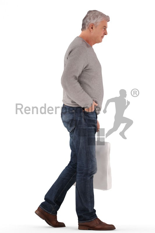 3d people casual, best ager man walking and holding a bag