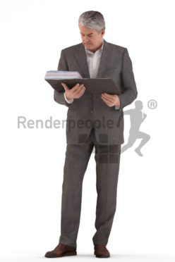 3d people business, best ager man standing and looking into a folder