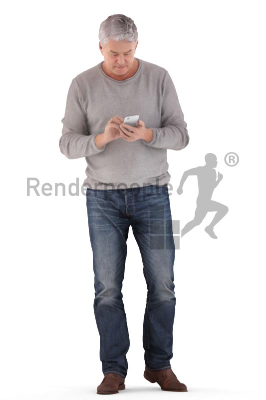 3d people casual, best ager man standing and looking on his phone