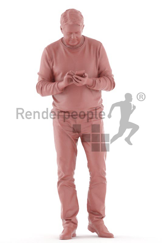3d people casual, best ager man standing and looking on his phone