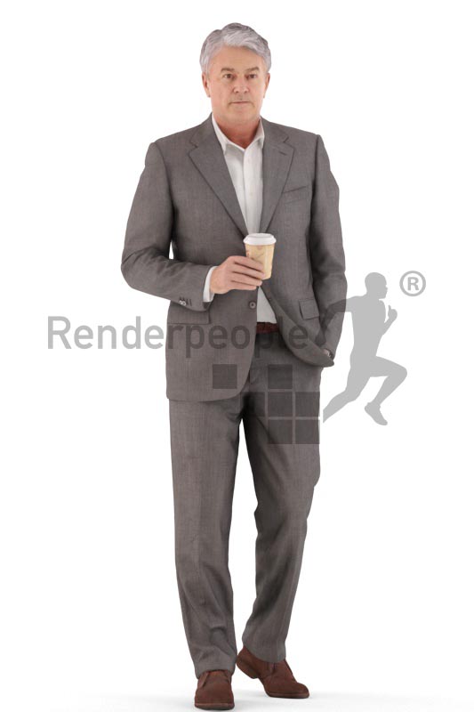 3d people business, best ager man walking with a cup of coffee