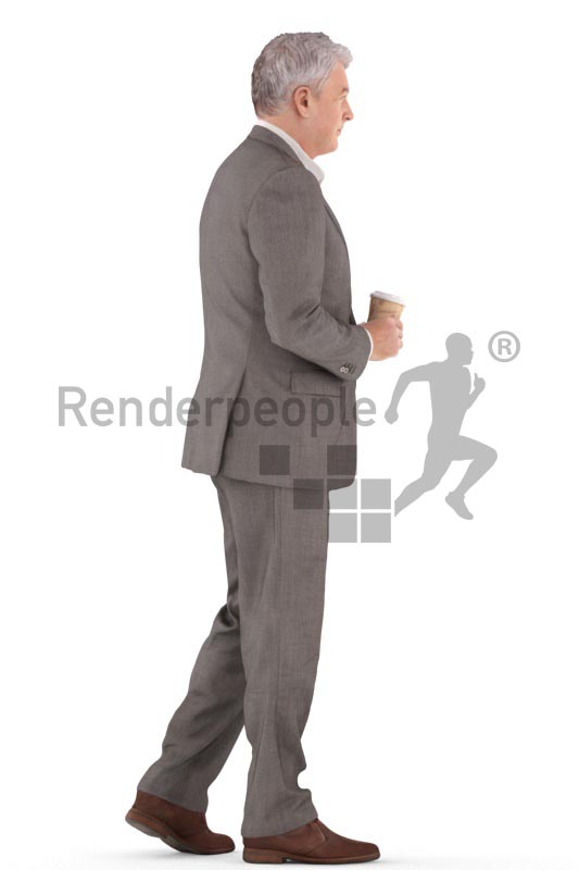 3d people business, best ager man walking with a cup of coffee