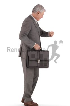 3d people business, best ager man standing looking at his watch