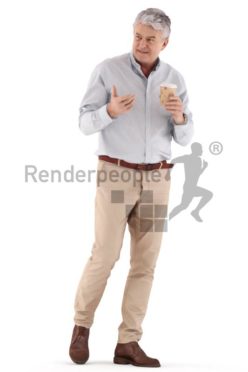 3d people casual, best ager man walking, talking and drinking coffee