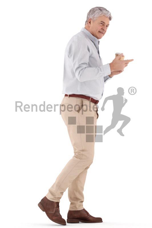 3d people casual, best ager man walking, talking and drinking coffee