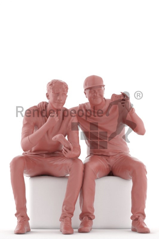 Scanned human 3D model by Renderpeople – two european males, sitting and playing video games