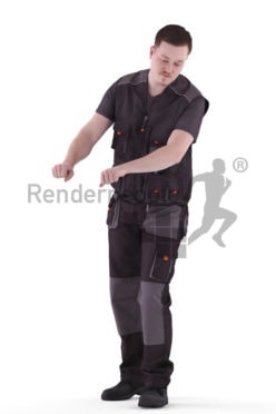 3d people worker, white 3d man standing and operating a lift truck