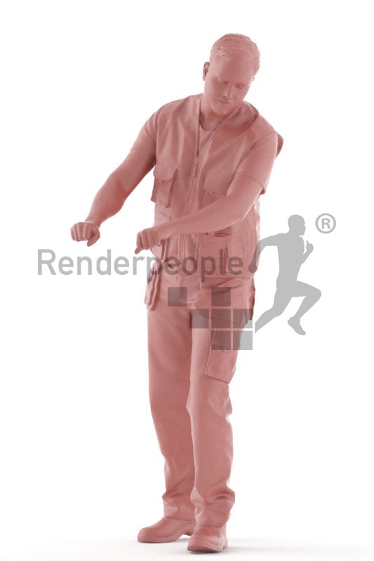 3d people worker, white 3d man standing and operating a lift truck