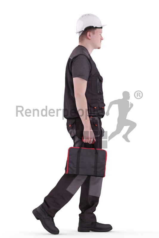 3d people worker, white 3d man walking with his equipment