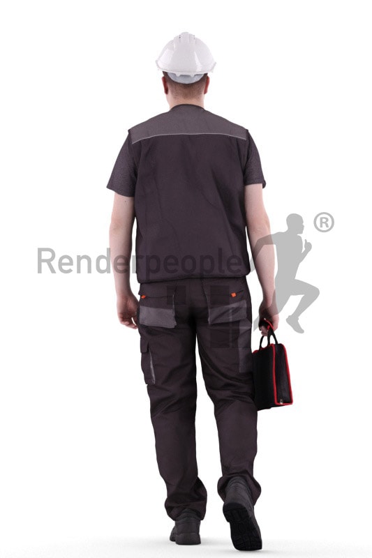 3d people worker, white 3d man walking with his equipment