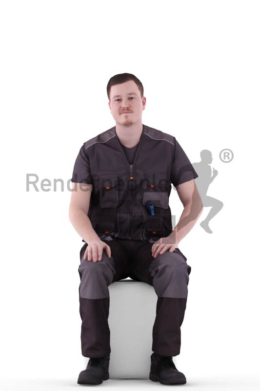 3d people worker, white 3d man sitting and waiting