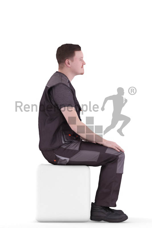 3d people worker, white 3d man sitting and waiting