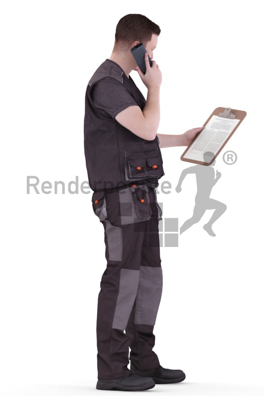 3d people worker, white 3d man standing, looking at his clipboard and calling
