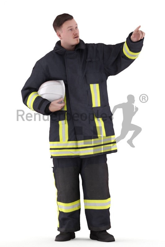 3D People model for 3ds Max and Cinema 4D – european man in fireworker wear, pointing on something