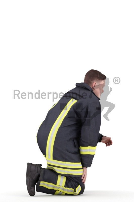 3D People model for 3ds Max and Cinema 4D – european man in fireworker wear, crouching