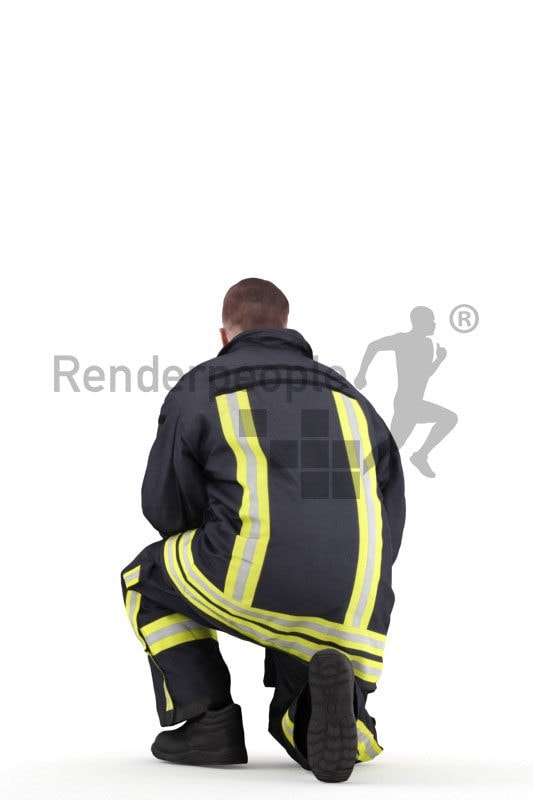 3D People model for 3ds Max and Cinema 4D – european man in fireworker wear, crouching