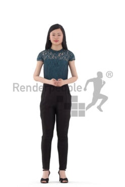 3D People model for animations – asian woman in chic business look, standing and talking