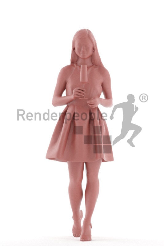 Photorealistic 3D People model by Renderpeople – asian woman in chic dress, walking and holding a champagne glass