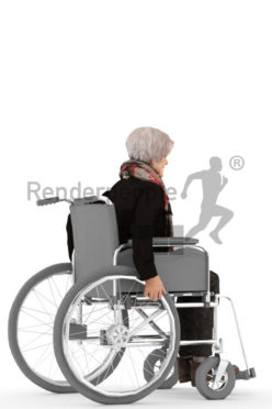 3d people casual, best ager white 3d woman sitting on her wheelchair