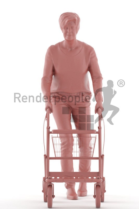 3d people casual, best ager white 3d woman walking with rollator