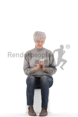 3d people casual, best ager white 3d woman sitting and texting
