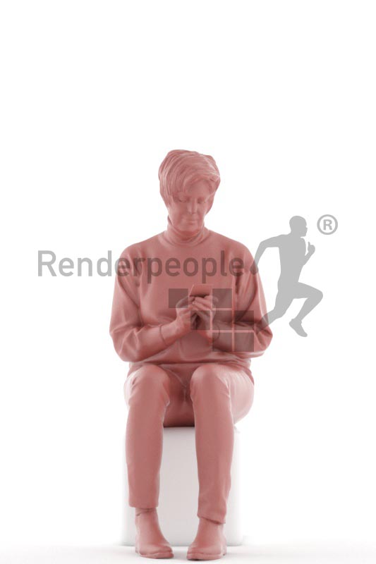 3d people casual, best ager white 3d woman sitting and texting