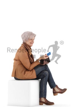 3d people casual, best ager white 3d woman sitting and paying