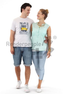 3d people, 3d couple walking arm in arm