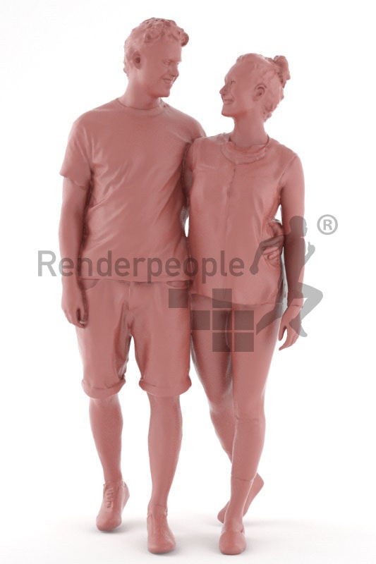 3d people, 3d couple walking arm in arm